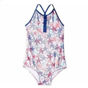Hatley one piece blue and pink metallic sea stars swimsuit, crisscross back 3t